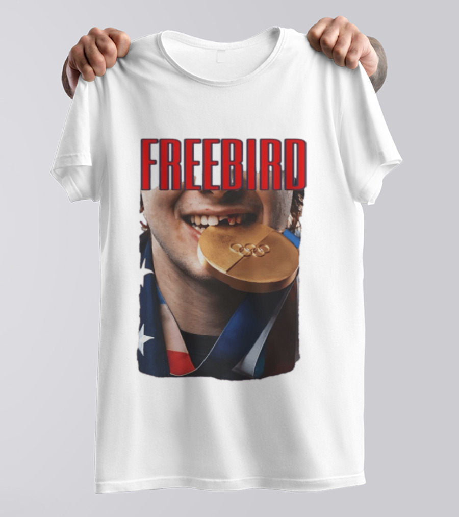 Jack Hughes Freebird Golden Smile Olympic Medal Bite T-Shirt