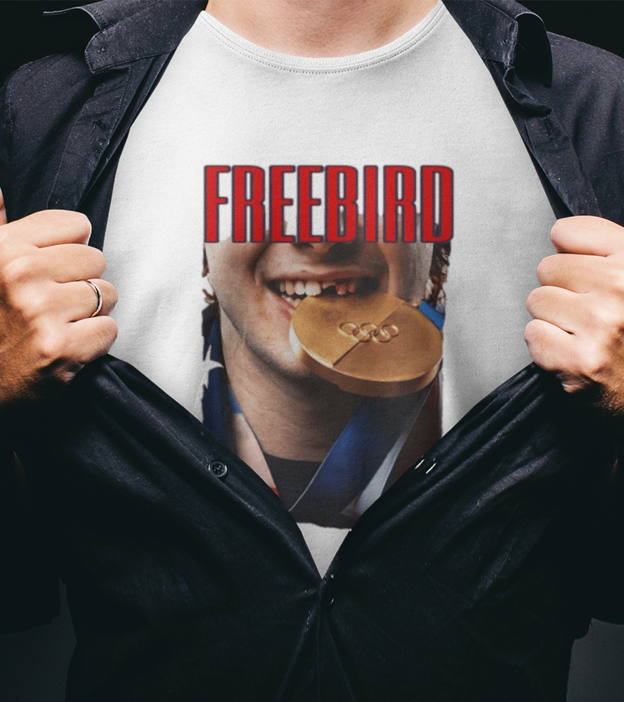 Jack Hughes Freebird Golden Smile Olympic Medal Bite T-Shirt