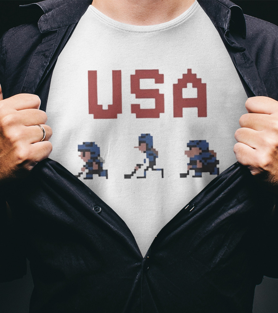 USA Hockey 8 Bit Pixel Characters Retro Sports T-Shirt