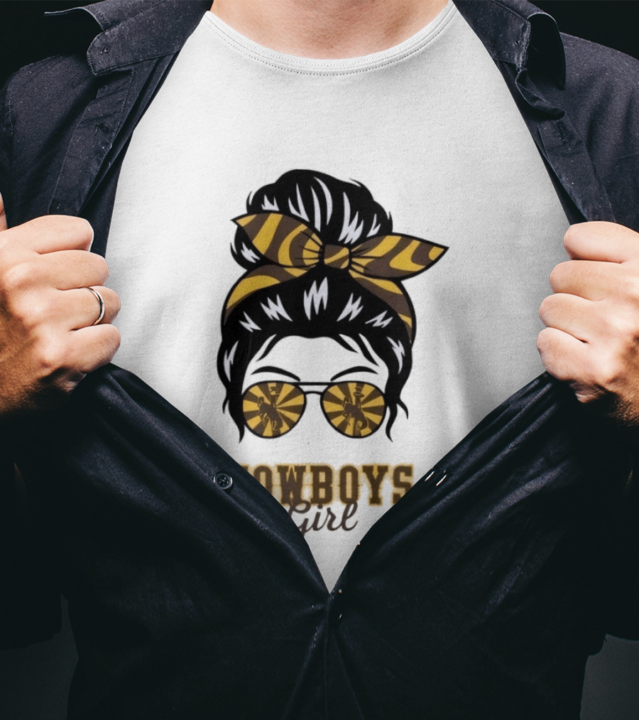 Wyoming Cowboys Girl Messy Bun Zebra Print Headband Glasses T-Shirt