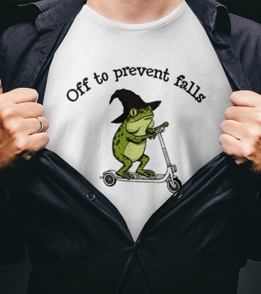Off To Prevent Falls Frog Scooter Witch Hat Fun Physical Therapy T-Shirt