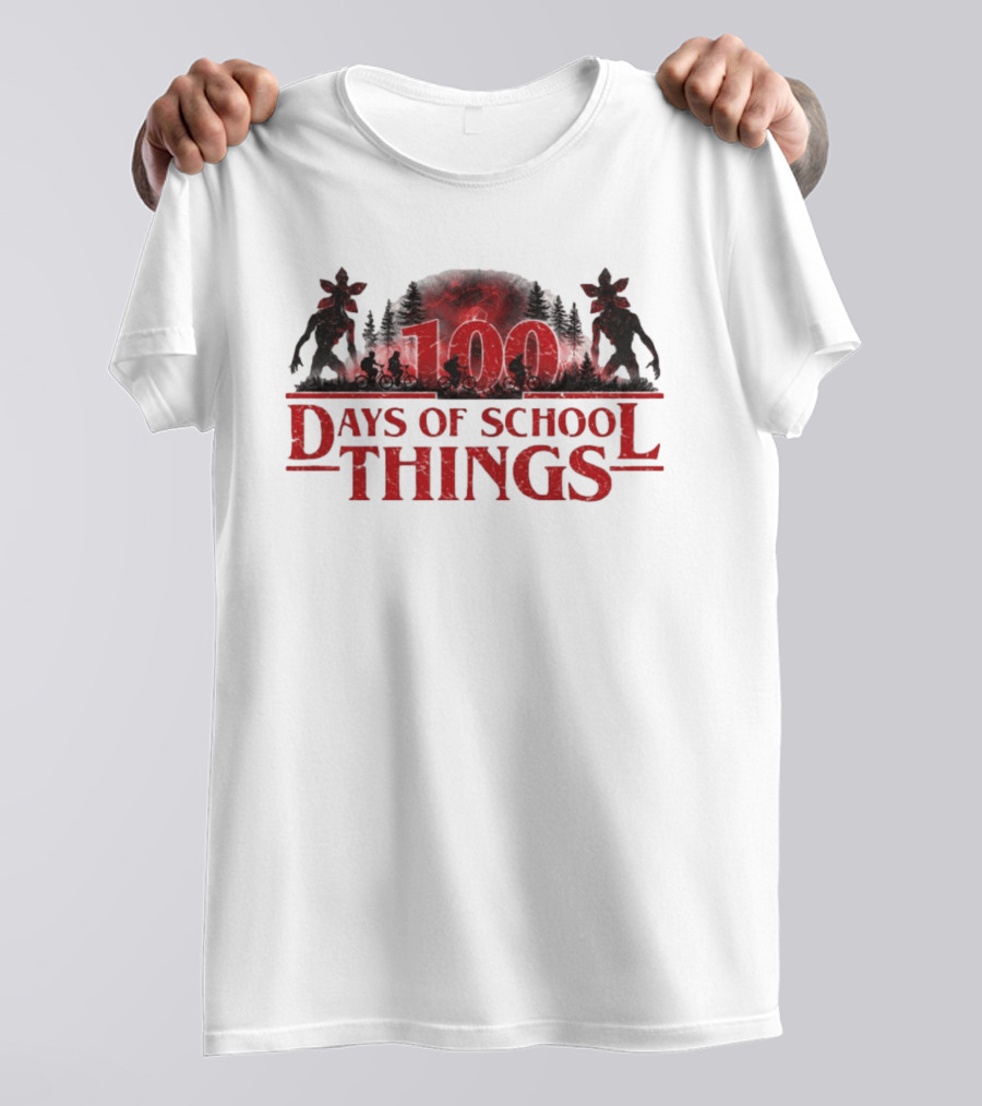 100 Days Of School Things Stranger Things Biking Adventure With Demogorgon T-Shirt