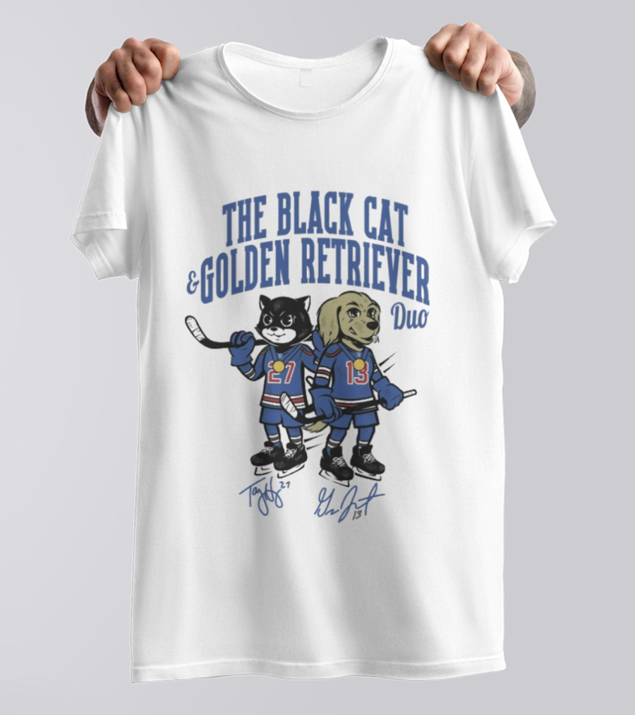The Black Cat And Golden Retriever Duo Hockey Team 27 13 T-Shirt