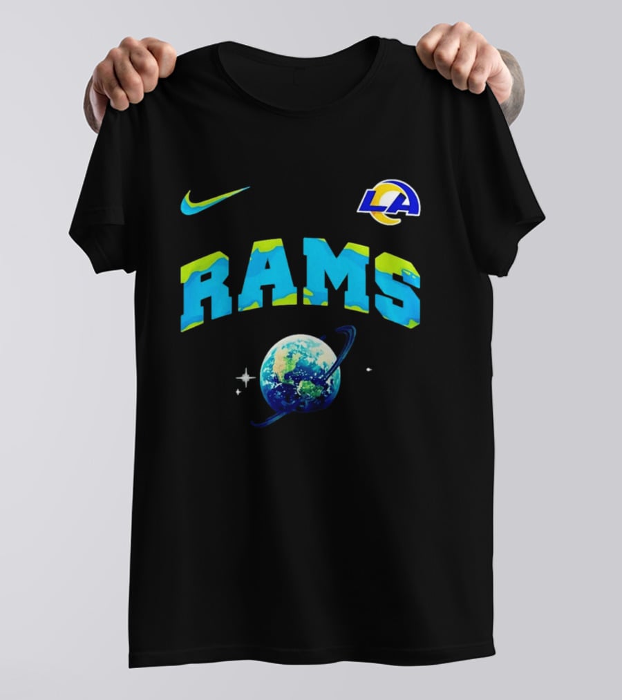 Los Angeles Rams Earth Day One Planet One Goal Nike Collaboration With LA Logo And Planet T-Shirt