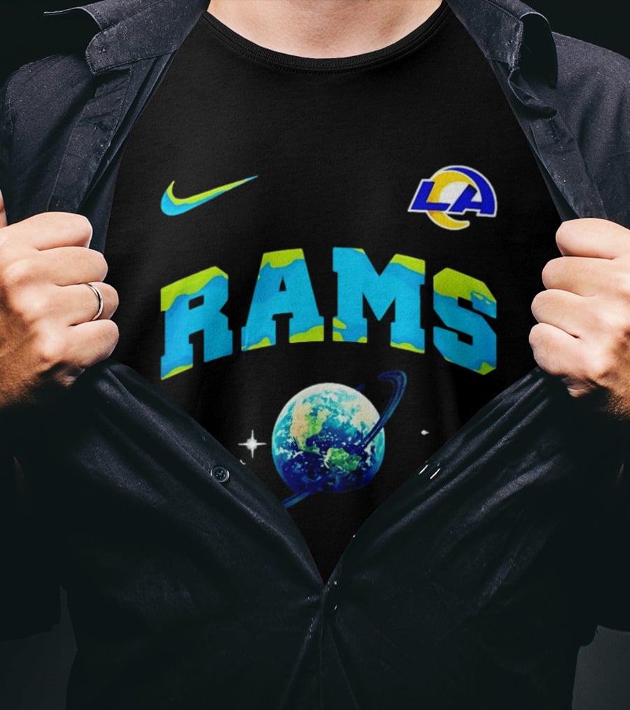 Los Angeles Rams Earth Day One Planet One Goal Nike Collaboration With LA Logo And Planet T-Shirt