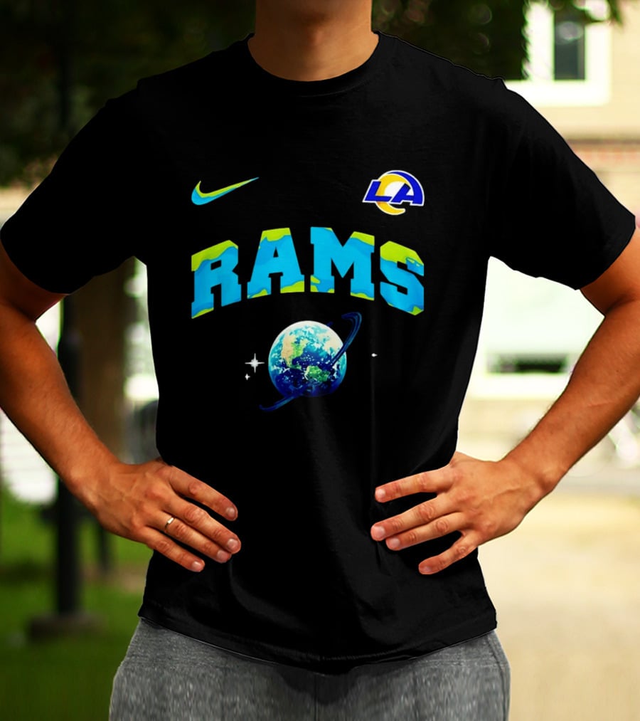 Los Angeles Rams Earth Day One Planet One Goal Nike Collaboration With LA Logo And Planet T-Shirt