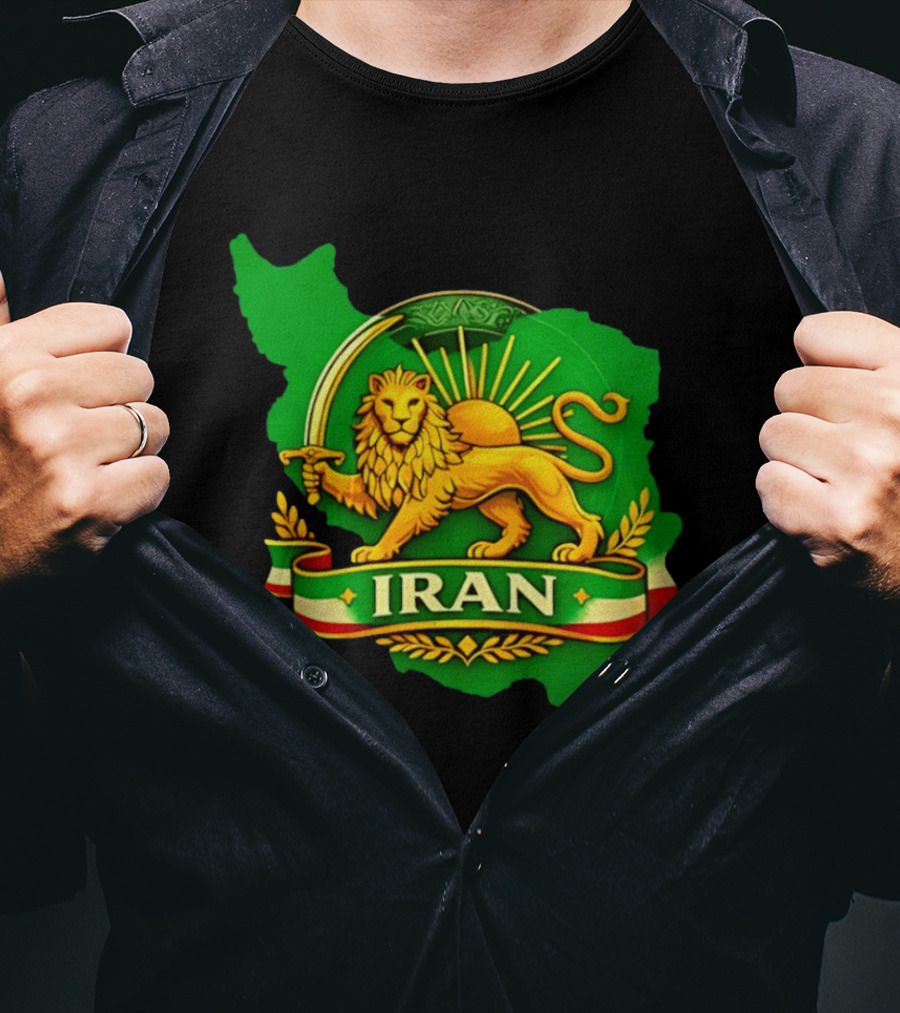Iran Lion And Sun Emblem On Map Of Iran With National T-Shirt