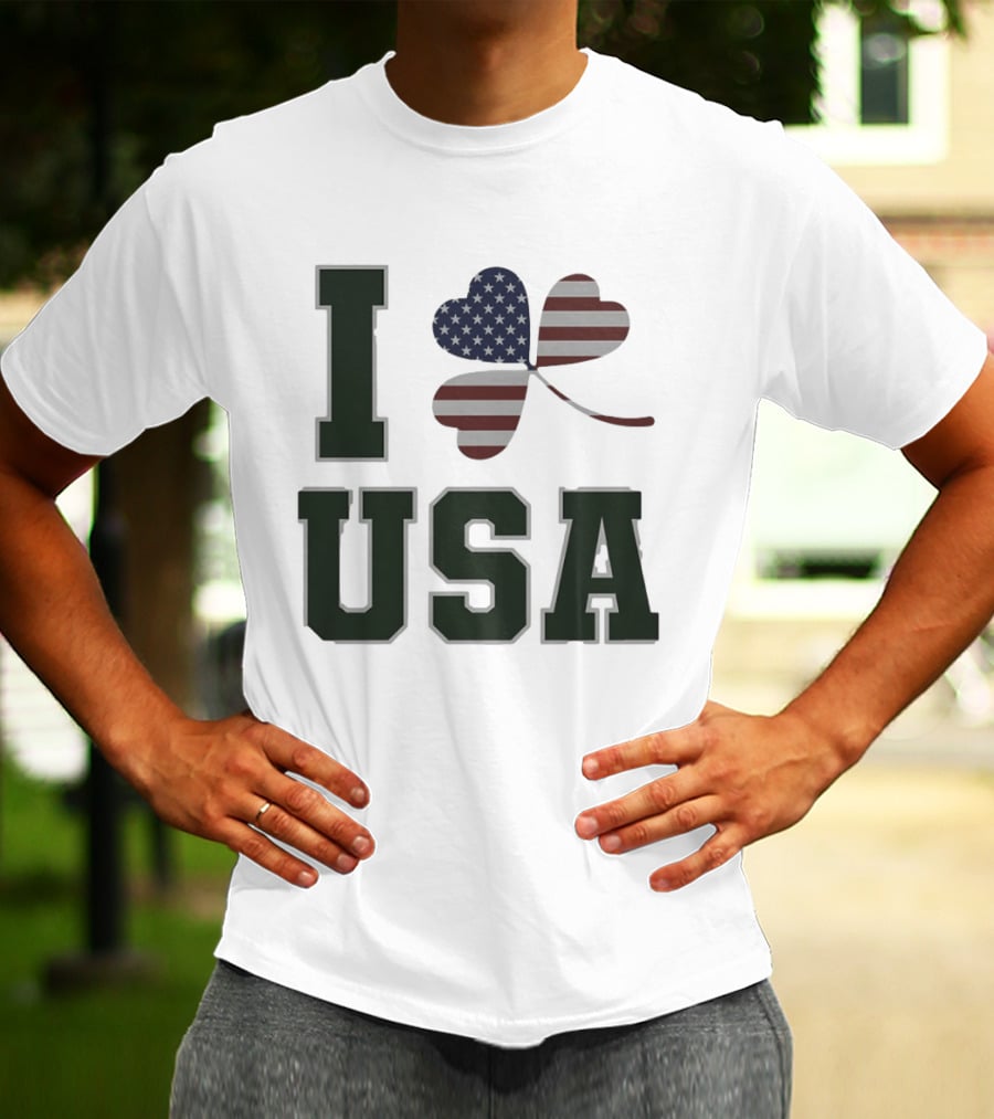 I Love USA St Patrick's Day Shamrock American Flag Heart T-Shirt