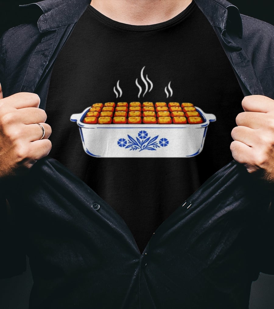 Steaming Cornflower Pattern Tater Tot Hotdish Recipe Minnesota Comfort Food T-Shirt
