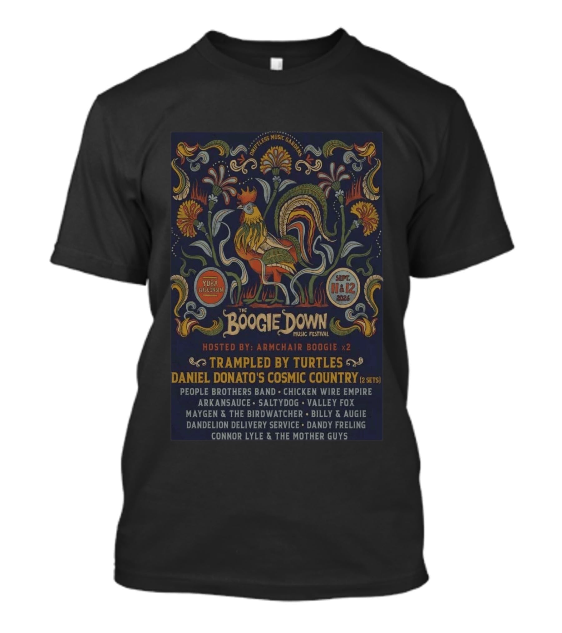 The Boogie Down Music Festival September 11 12 2026 Yuba Wisconsin Trampled By Turtles Armchair Boogie T-Shirt