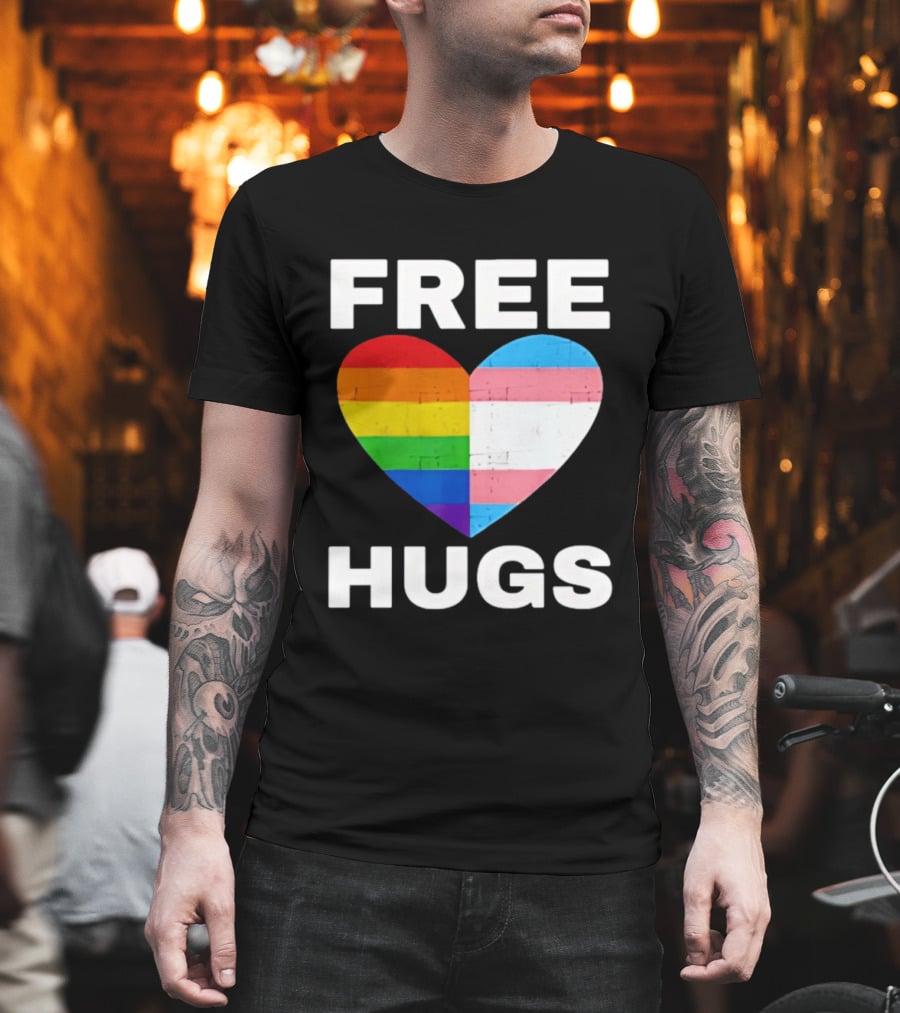 Free Hugs LGBTQ Rainbow Heart Pride T-Shirt