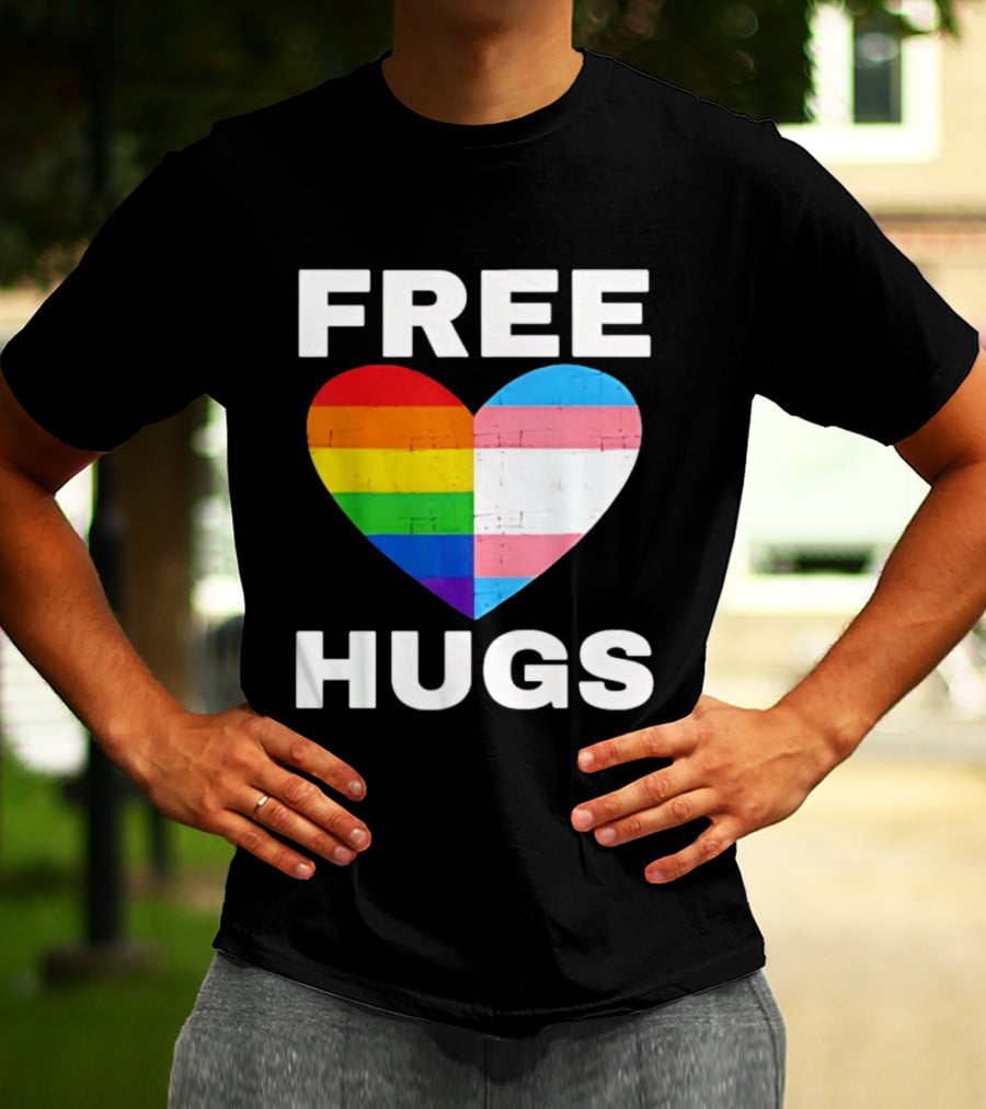 Free Hugs LGBTQ Rainbow Heart Pride T-Shirt
