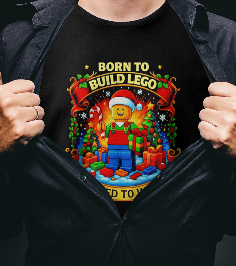 Santa Lego Born To Build Lego Forced To Work Christmas Cartoon T-Shirt