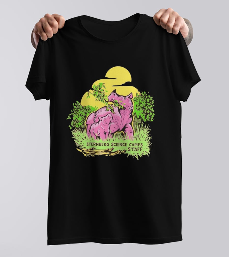 Sternberg Science Camps Staff Pink Dinosaurs Under Yellow Sun T-Shirt