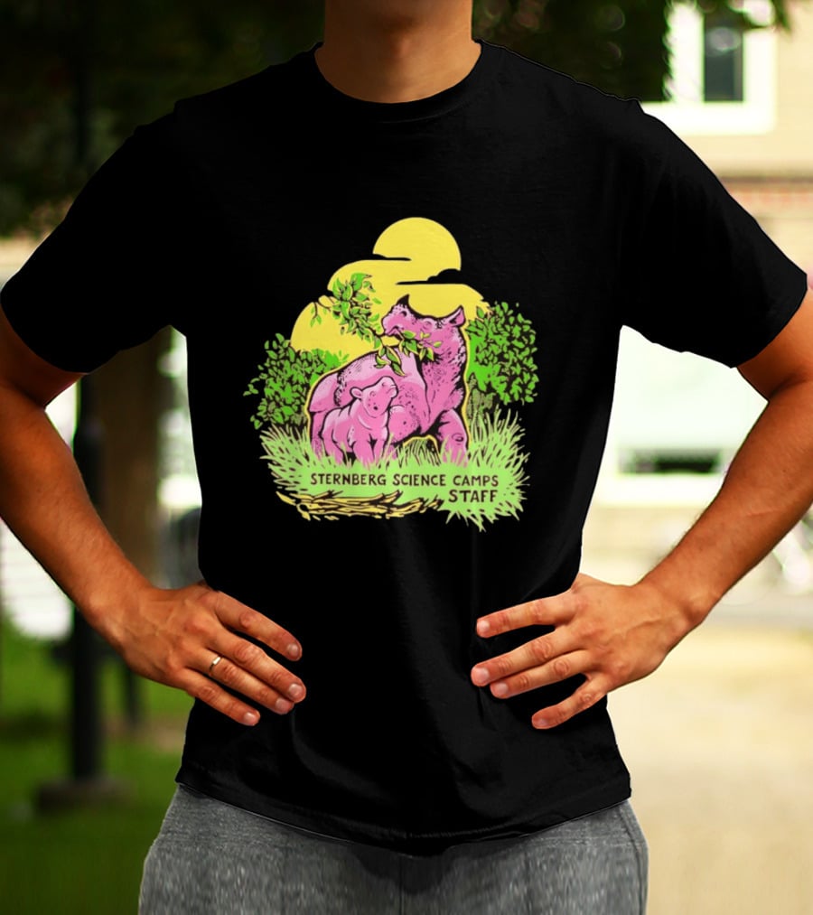 Sternberg Science Camps Staff Pink Dinosaurs Under Yellow Sun T-Shirt