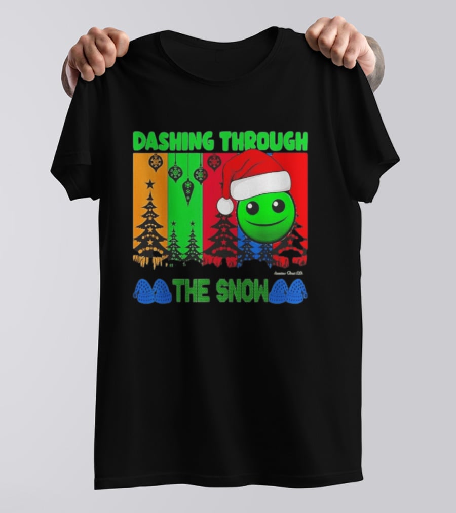 Dashing Through The Snow Emoji Santa Hat Christmas Trees Multicolor Snowflakes T-Shirt