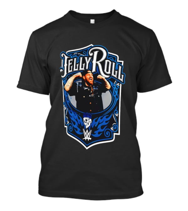 Jelly Roll WWE Superstar Illustration With Flaming Skull And Tattooed Arms T-Shirt
