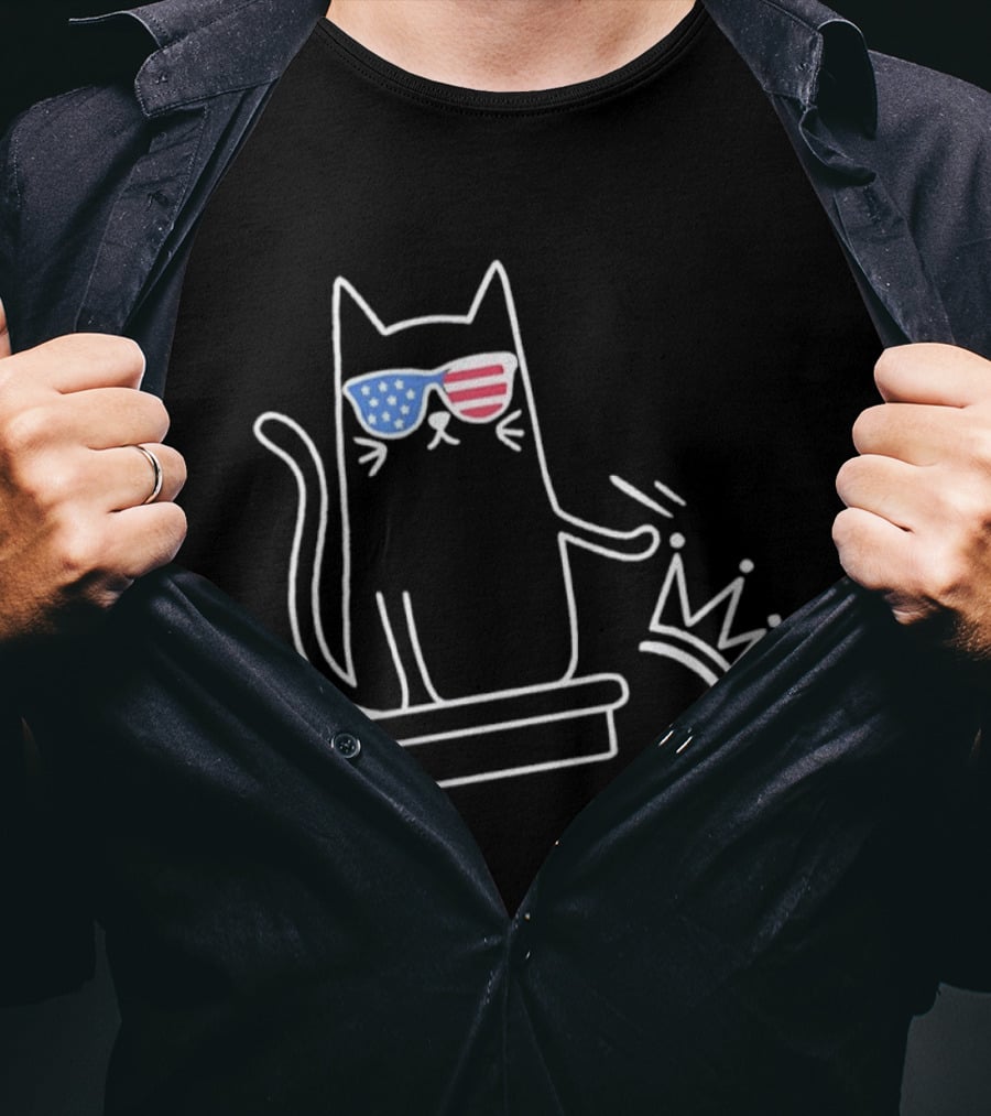 Cat No Kings In America Patriotic Sunglasses Sketch T-Shirt