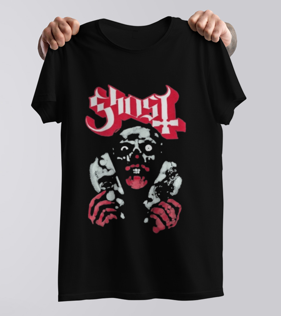 Ghost Mask Design Red And White Skulls And Hands T-Shirt