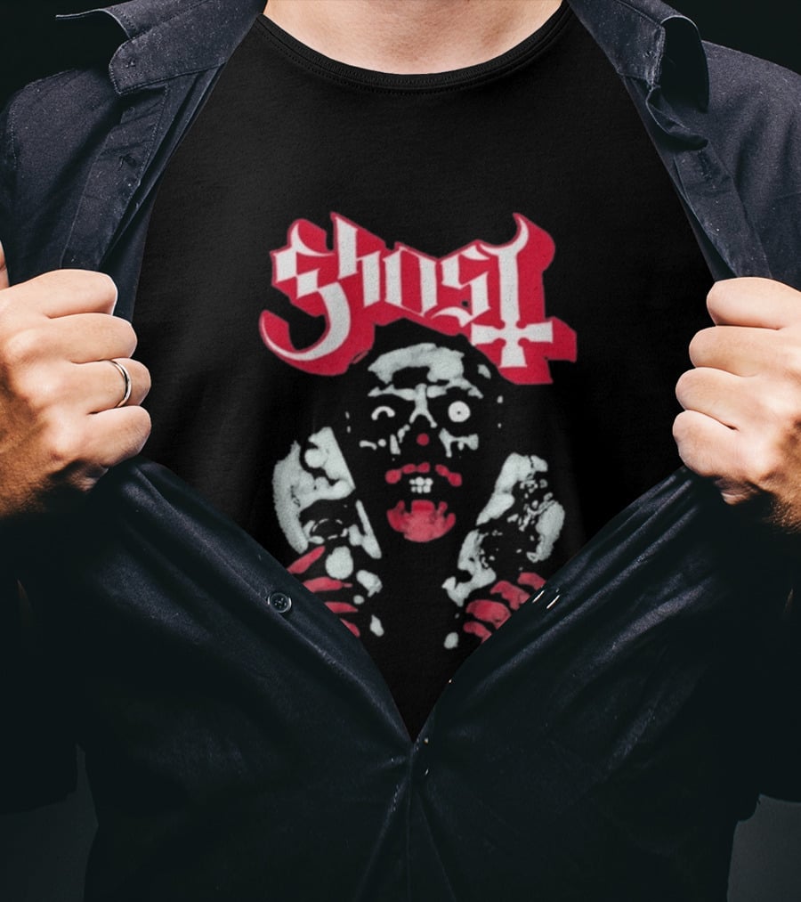 Ghost Mask Design Red And White Skulls And Hands T-Shirt