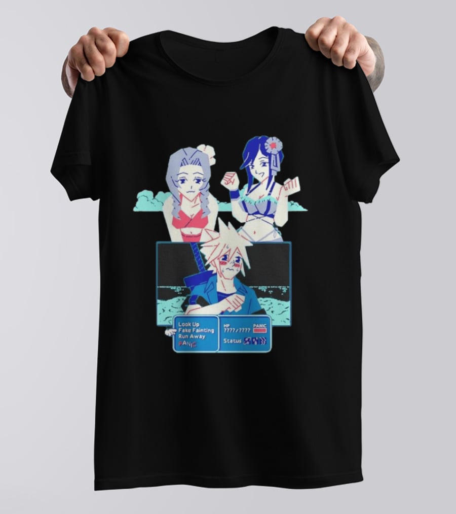 Cloud Strife Panic Aerith Tifa Final Fantasy VII Battle Scene Pixel T-Shirt
