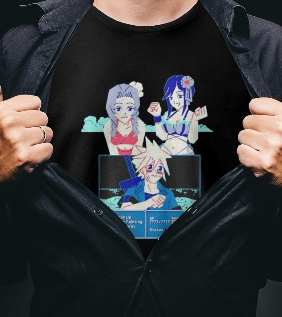 Cloud Strife Panic Aerith Tifa Final Fantasy VII Battle Scene Pixel T-Shirt