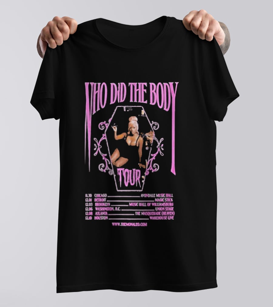Monaleo Who Did The Body Tour December 2025 Dates Gothic Coffin Pink Black Six Cities Concert T-Shirt