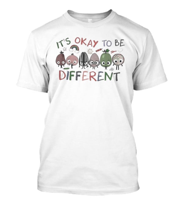 It's Okay To Be Different Autism Awareness Nuts Fruits Sketch With Rainbow And Smiley Faces T-Shirt