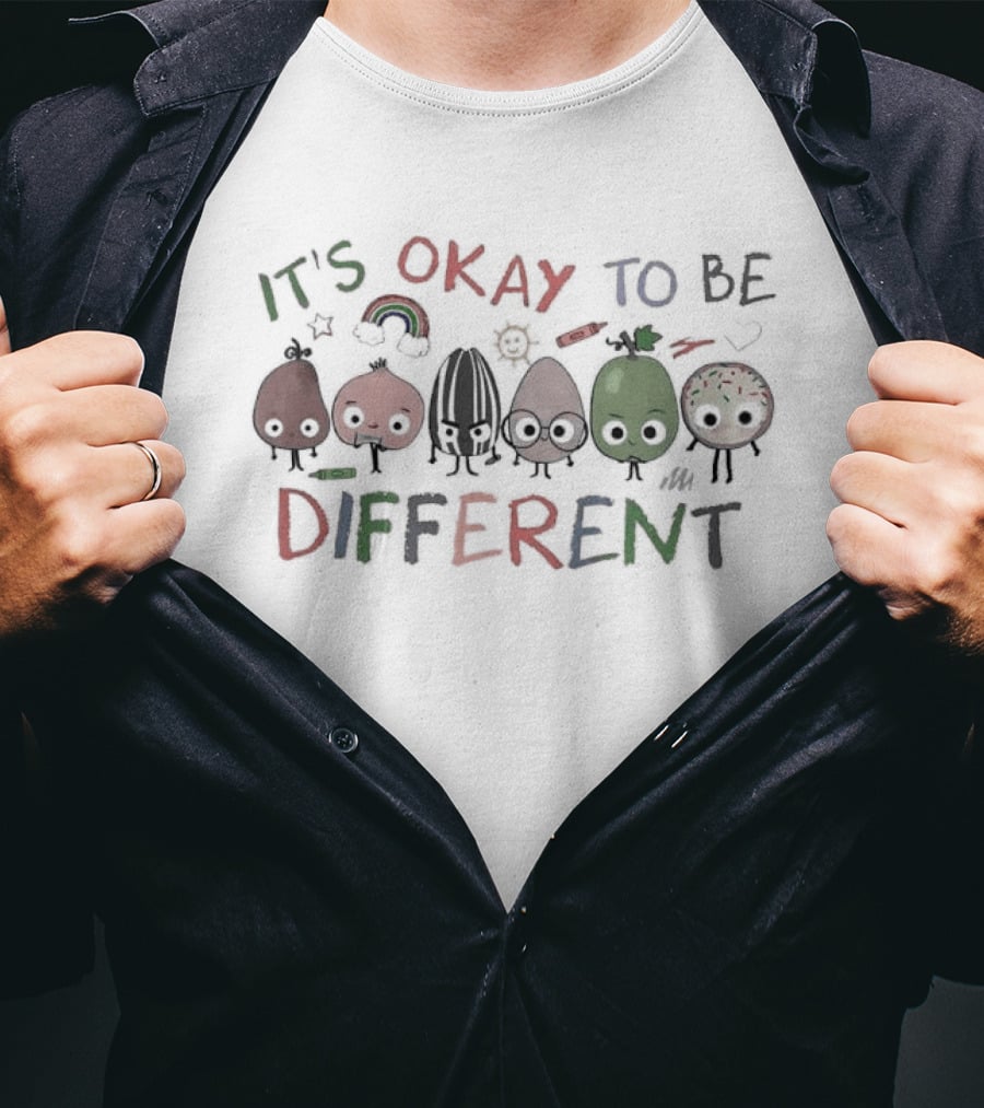 It's Okay To Be Different Autism Awareness Nuts Fruits Sketch With Rainbow And Smiley Faces T-Shirt