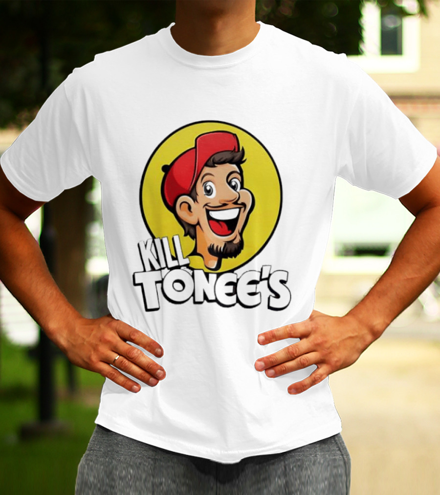 Kill Tonee's Cartoon Character In Red Cap And Yellow Circle T-Shirt