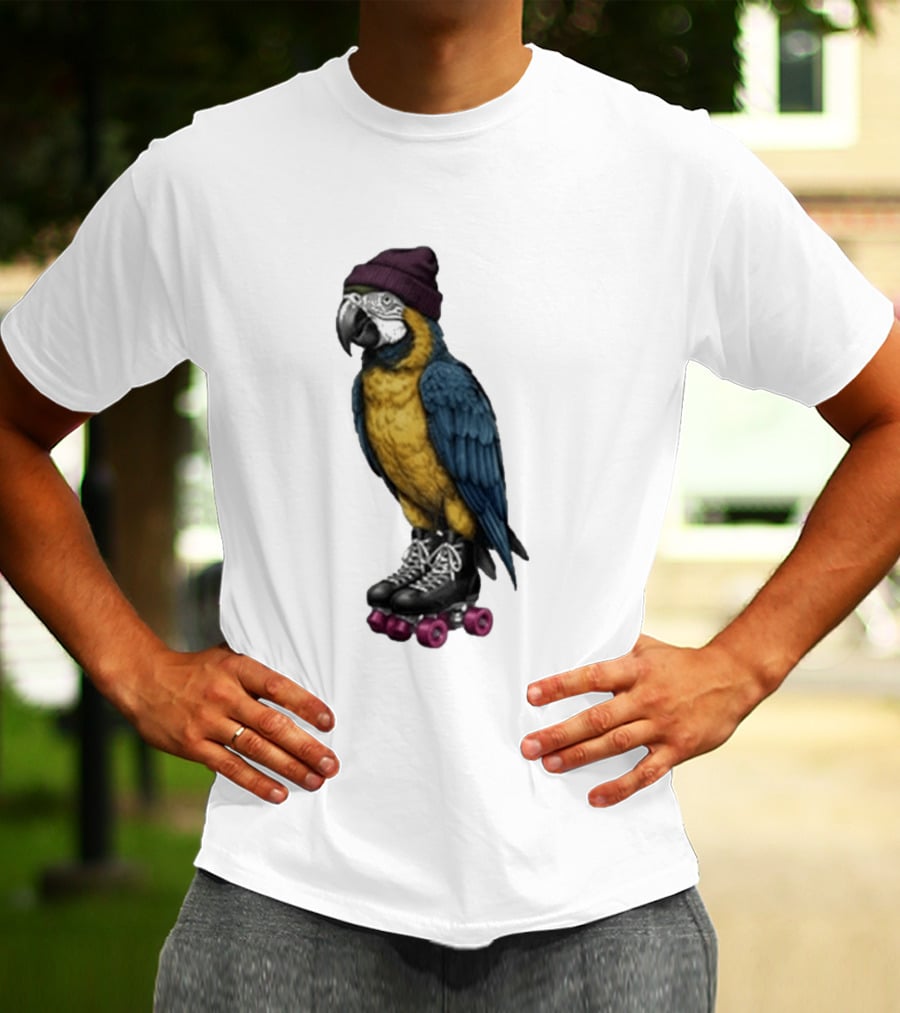 Nice Roller Skating Parrot With Hat And Colorful Feathers T-Shirt