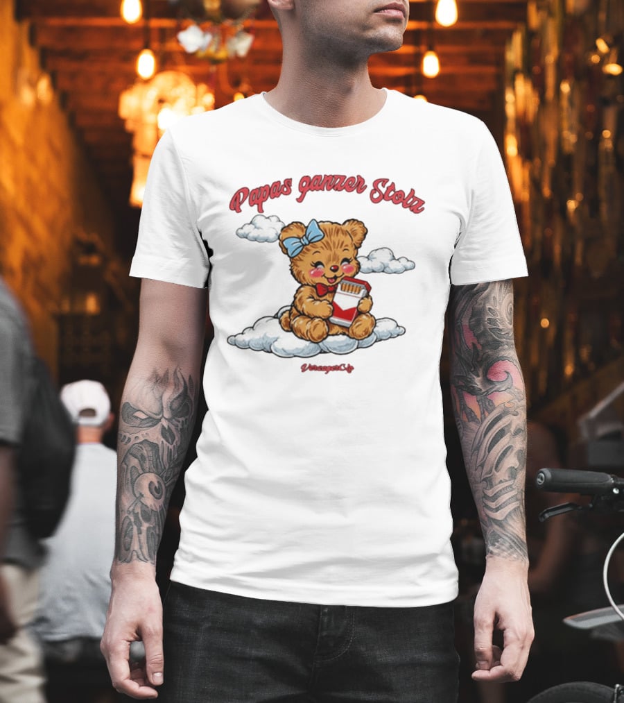 Papas Ganzer Stolz Bear With Bow Holding Cigarettes On Clouds T-Shirt