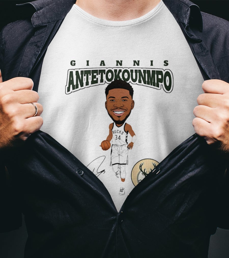 Giannis Antetokounmpo Milwaukee Bucks Hardwood Comic Caricature Basketball Signature 34 T-Shirt