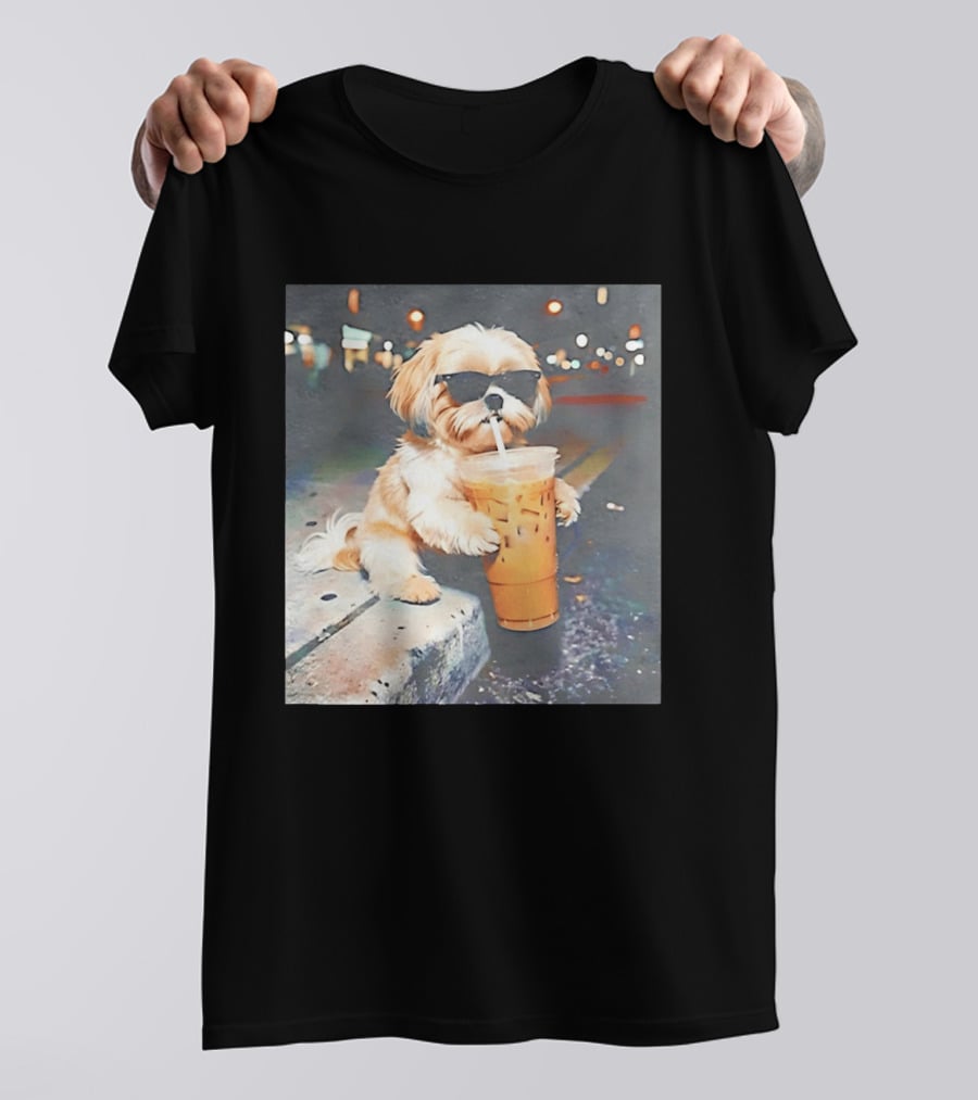 Shih Tzu Enjoying Iced Coffee At Night With Sunglasses T-Shirt