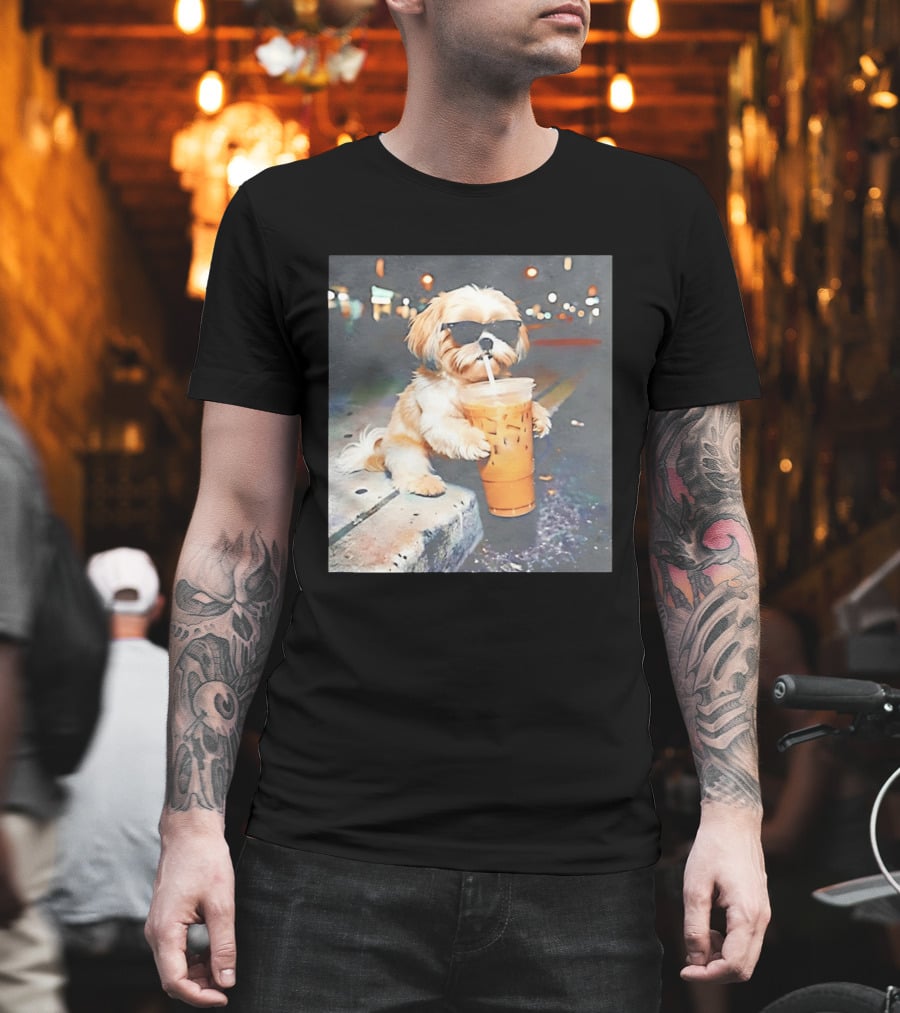 Shih Tzu Enjoying Iced Coffee At Night With Sunglasses T-Shirt