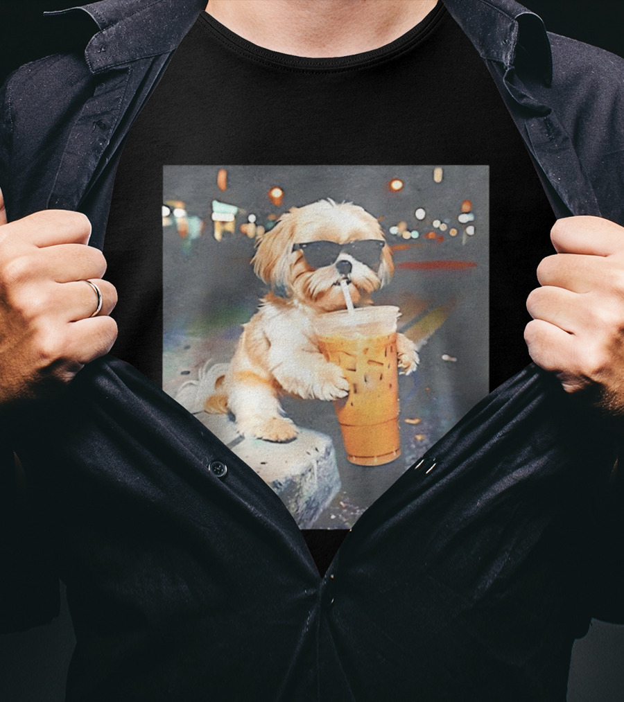 Shih Tzu Enjoying Iced Coffee At Night With Sunglasses T-Shirt