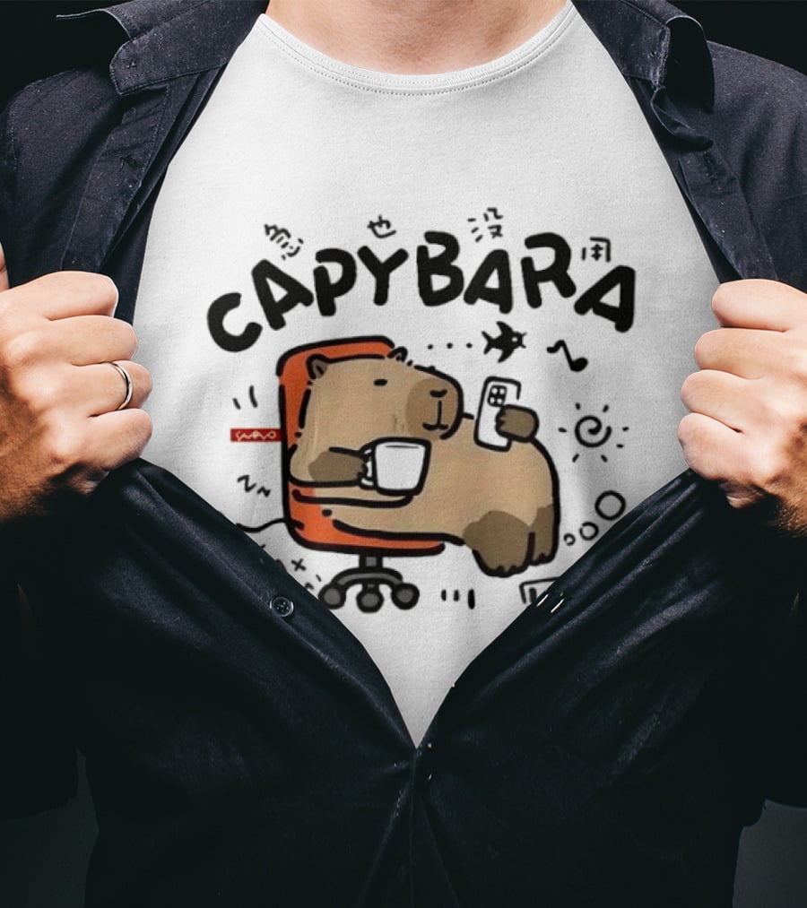Capybara Relaxing On Office Chair With Coffee And Phone T-Shirt