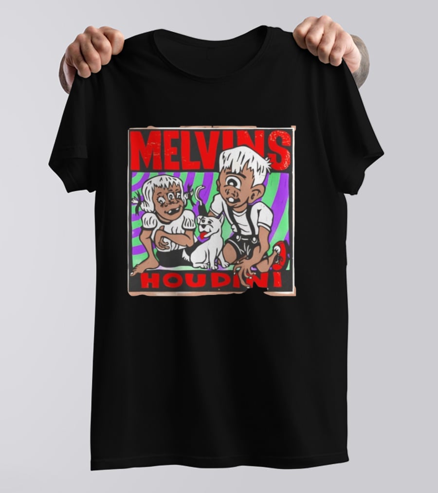 Melvins Houdini Album Cover Art With Two Cartoon Characters And Cat T-Shirt