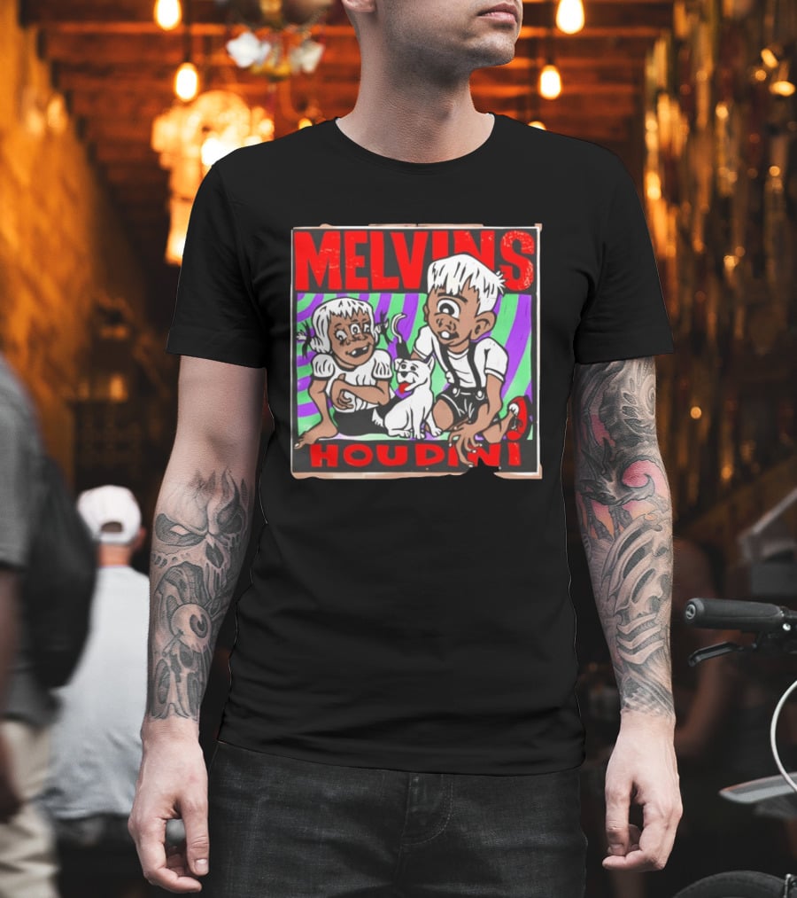 Melvins Houdini Album Cover Art With Two Cartoon Characters And Cat T-Shirt
