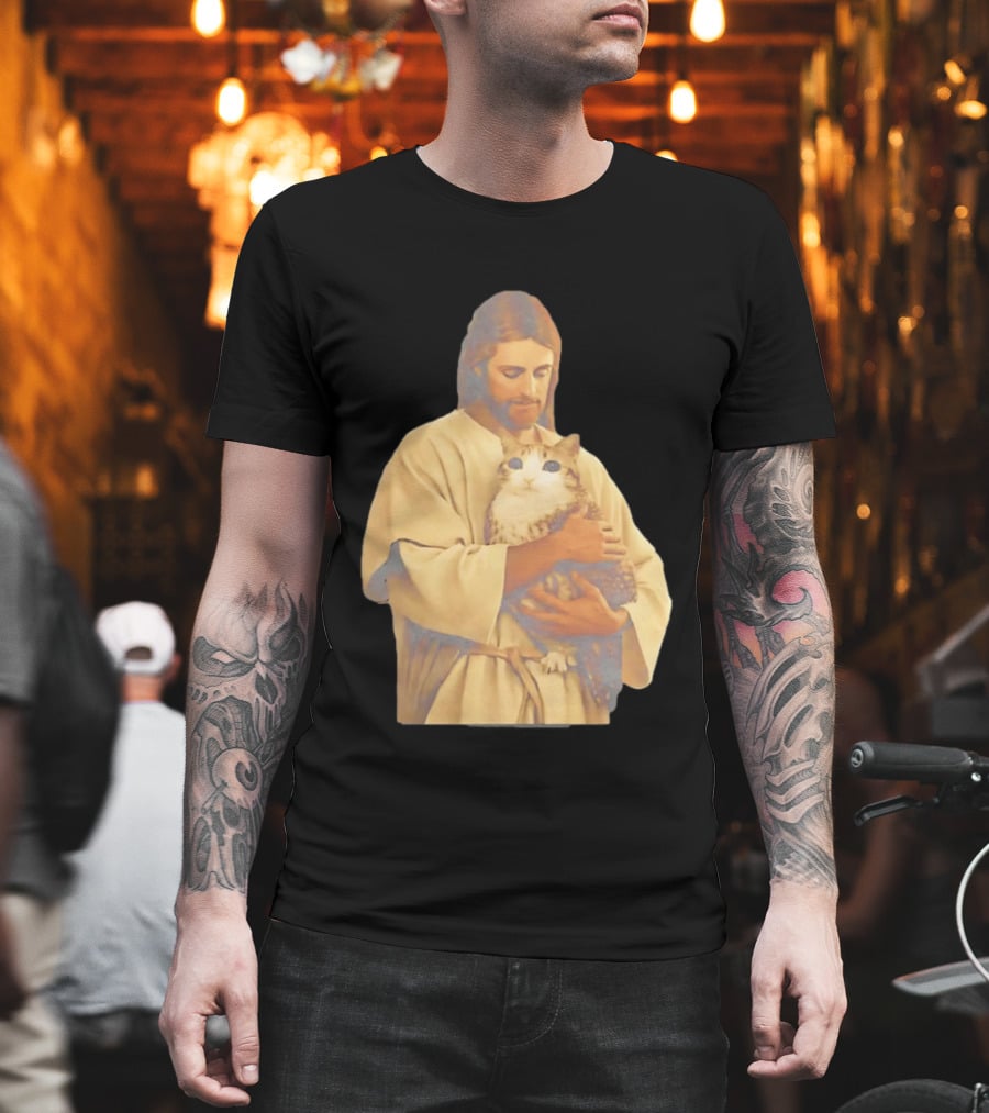 Jesus Embracing Chubby Cat T-Shirt