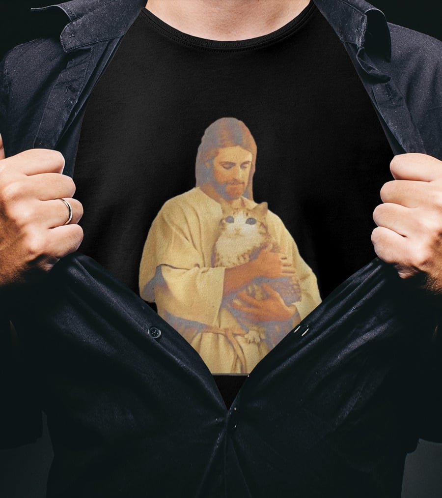 Jesus Embracing Chubby Cat T-Shirt