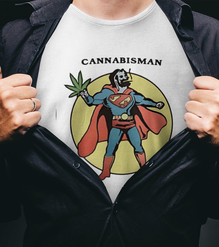 Cannabisman Superman Smoking Cannabis Holding Leaf T-Shirt