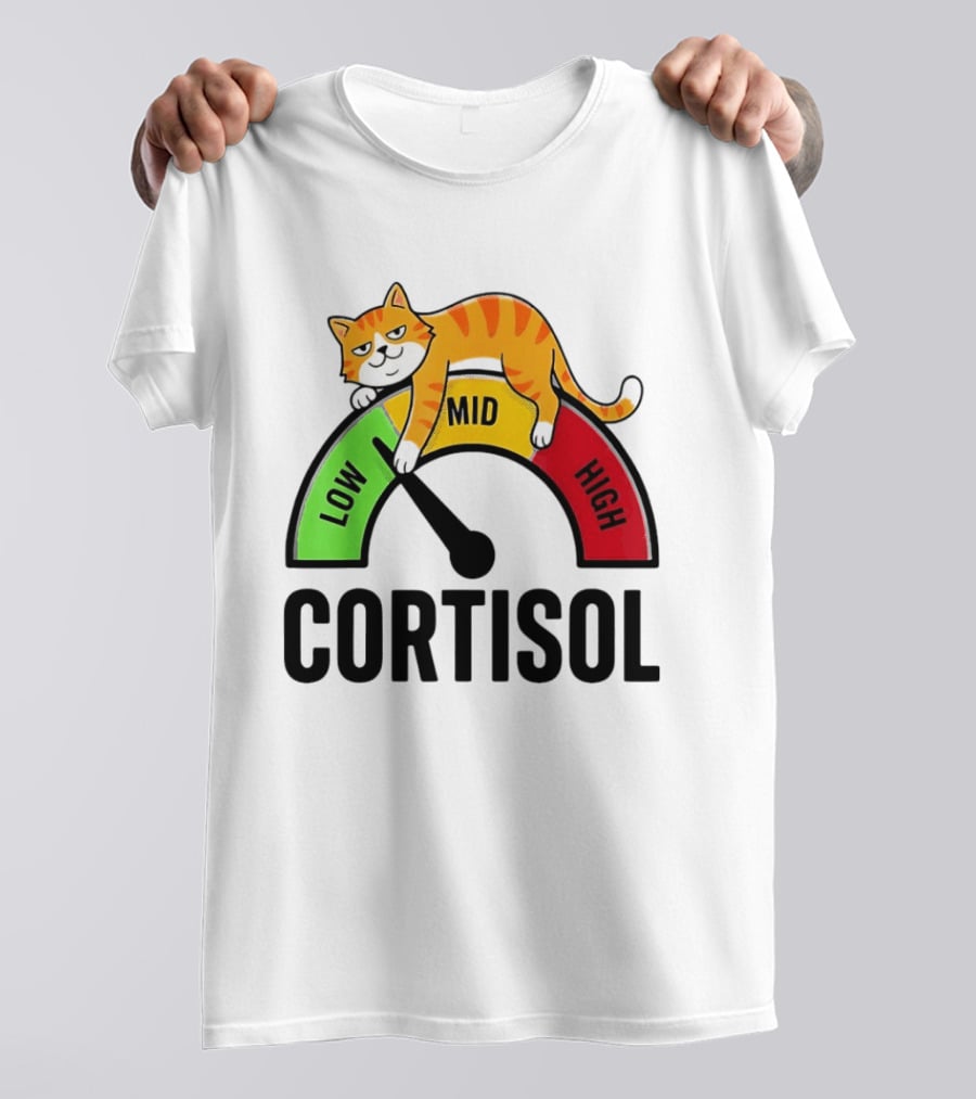 Cat Low Mid High Cortisol Level Meter With Relaxed Orange Cat T-Shirt