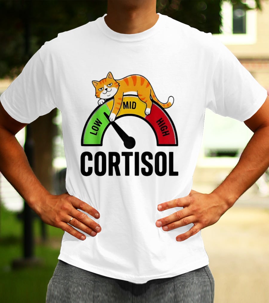 Cat Low Mid High Cortisol Level Meter With Relaxed Orange Cat T-Shirt