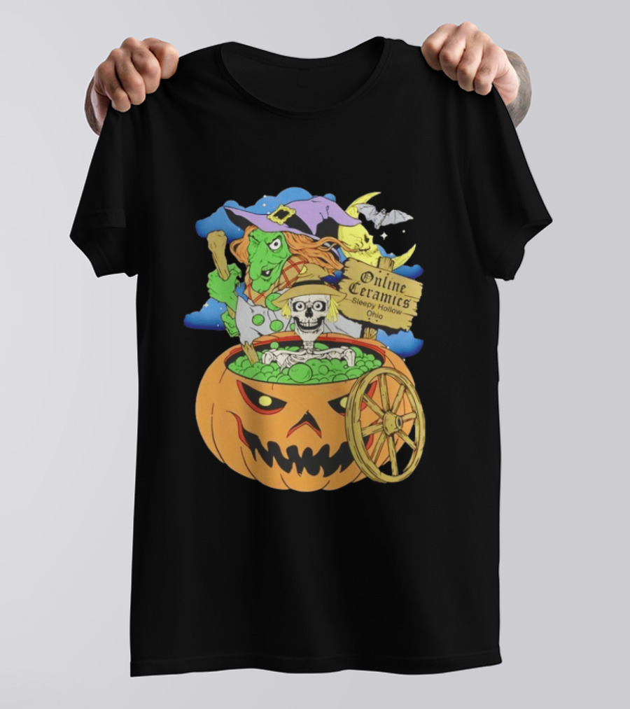 Online Ceramics Sleepy Hollow Ohio Witch Skeleton Pumpkin Cauldron Scene T-Shirt