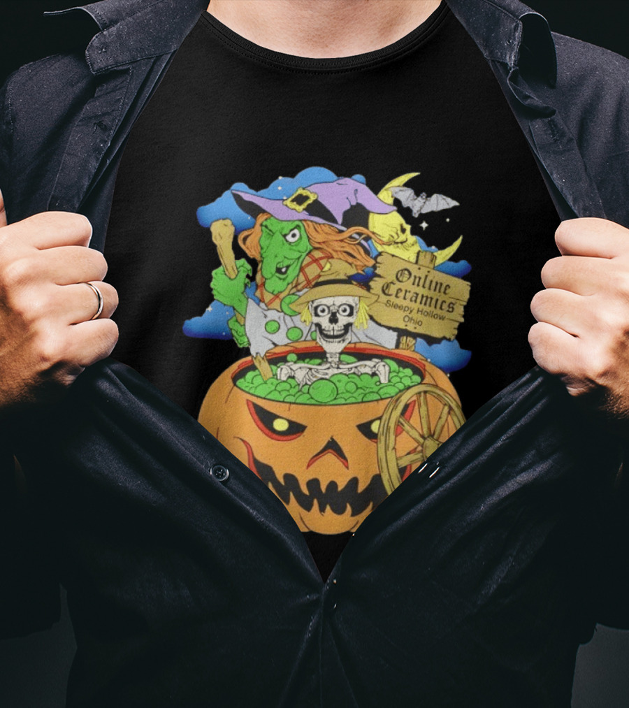 Online Ceramics Sleepy Hollow Ohio Witch Skeleton Pumpkin Cauldron Scene T-Shirt