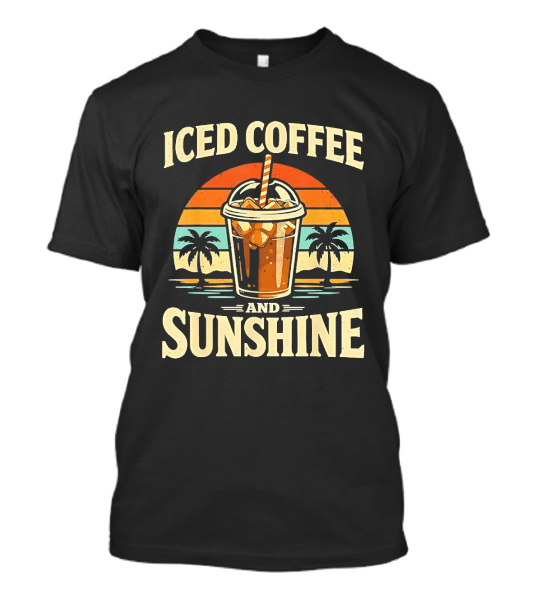 Iced Coffee And Sunshine Beach Vibes With Palm Trees And Sunset T-Shirt