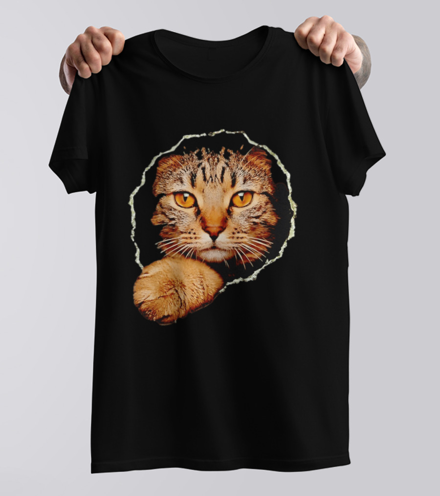 Tabby Cat Golden Eyes Peeking Through Handsome Brown T-Shirt
