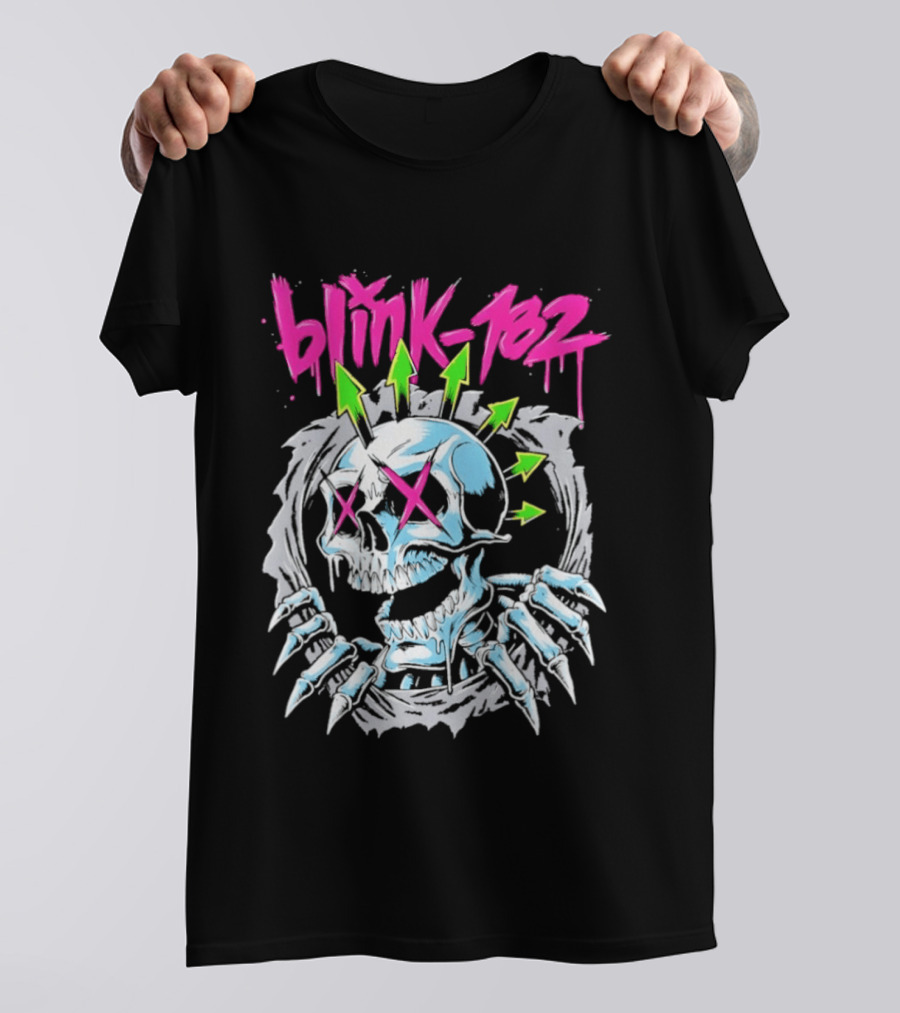 Blink 182 Pink Script With Neon Green Arrows And Punk Skull T-Shirt