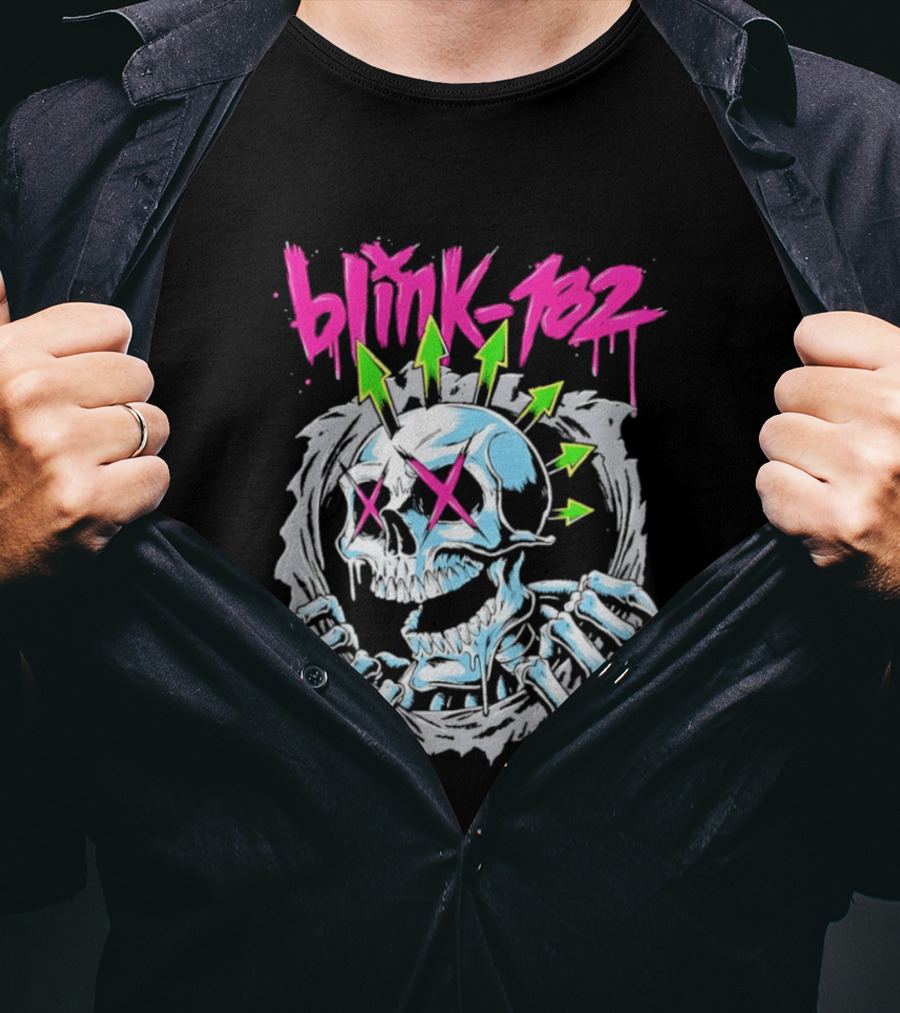 Blink 182 Pink Script With Neon Green Arrows And Punk Skull T-Shirt